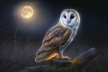 Spellbinding Glimmer–A Charismatic Barn Owl in the Moonlight Generative AI