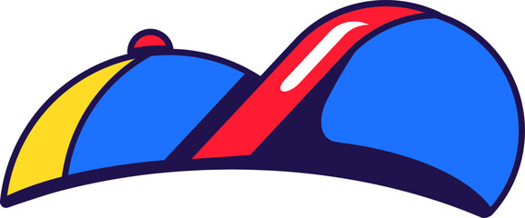 Bright children baseball cap with wide visor for sun protection. Festive, fairy tale headdress for design of cartoon illustration. Cap for selfie, cartoon vector hat of character isolated on white