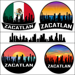 Zacatlan Skyline Silhouette Mexico Flag Travel Souvenir Sticker Sunset Background Vector Illustration SVG EPS AI