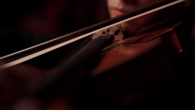 Violin Playing Violinist Musician. Woman Classical Musical Instrument Player On Black. Violinist Playing Violin On Dark Background.