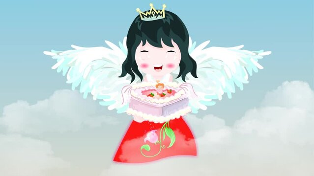 beautiful cartoon fairy girl flying, Background and 2d animation, fairy tale with cake in hands, clouds, princess fairy