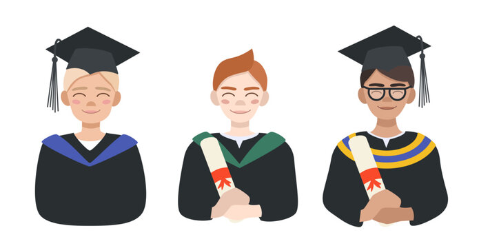 Portraits of male students in graduation gowns and caps. A male student with a diploma in his hands. Illustration in flat style 