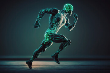 Fototapeta na wymiar The man runs in motion. human brain and body. glowing Green lines. neural connections. artificial intelligence, cyberspace. AI Generative