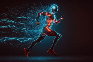 Obraz premium The man runs in motion. human brain and body. glowing Green lines. neural connections. artificial intelligence, cyberspace. AI Generative