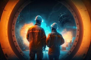 view from the back. a two men in a protective safety uniform and hardhat works in a factory. ai generative