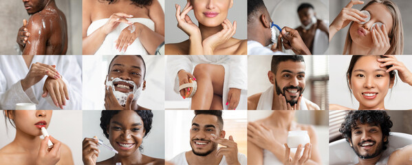 Cheerful young multiracial people apply cream, lipstick, shave, enjoy bath, spa procedures at home, collage