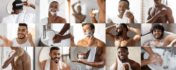 Cheerful muscular young international men shave, take a shower, apply cream and deodorant on skin,...