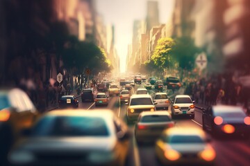 Realistic city traffic jam blurred background, AI generated