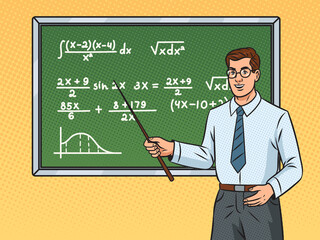 Mathematics teacher at blackboard with algebra formulas pop art retro raster illustration. Comic book style imitation.