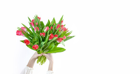girl florist holds in her hands a beautiful bouquet with tulips on a white background. Spring. Banner. Space for text on the right
