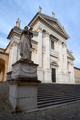 External view of the Duomo of Urbino, Italy, neoclassical cathedral church dedicated to the assumption of the Virgin Mary - 580771319
