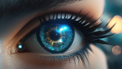 Fototapeta premium Close-up portrait of young and beautiful woman with the virtual hologram on her eyes