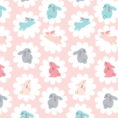 Seamless pattern of cute bunnies on pink background with floral elements. 