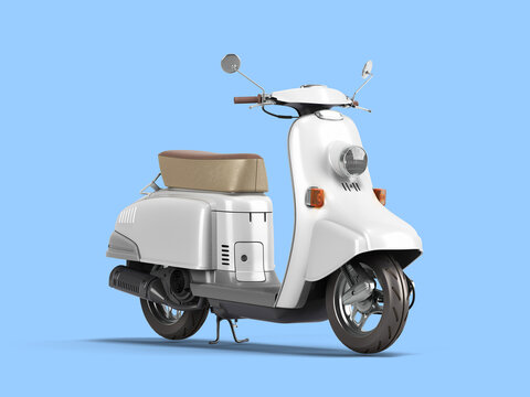 White Retro Vintage Scooter Personal Transport For Busines Perspective View 3d Render On Blue Background