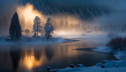 A Snowy Forest with a Serene Lake Emerging from the Morning Mist, Generative AI