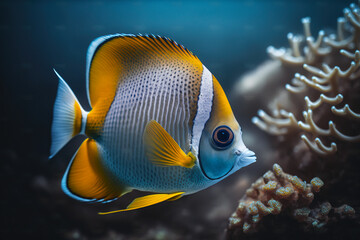 Fototapeta na wymiar Butterfly fish underwater near a coral reef. Generative AI