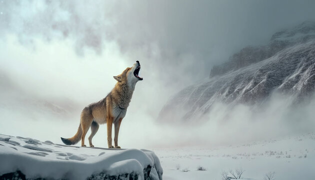 Snowy Wilderness, A Lone Wolf Stands Guard in the Mountains Amidst the Mist and Snow, Generative AI