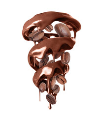 Melted chocolate in a swirling shape with coffee beans isolated on a white background