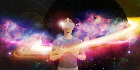 VR glasses users Learning science through AR glasses in the study of stars and the universe virtual world simulation 3D illustration