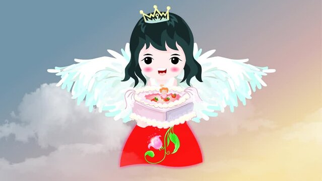beautiful cartoon fairy girl flying, Background and 2d animation, fairy tale with cake in hands, clouds, princess fairy