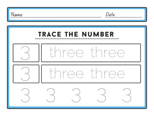 Number tracing worksheets and tracing activity book for kids The practice of writing numbers 3 Tracking worksheet number three learn to count and write