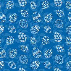 Seamless pattern for Easter celebration. Beautiful white patterns on Easter eggs on a blue background. Vector illustration