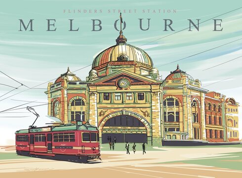 Digital illustration of Flinders street station. Melbourne, Australia.