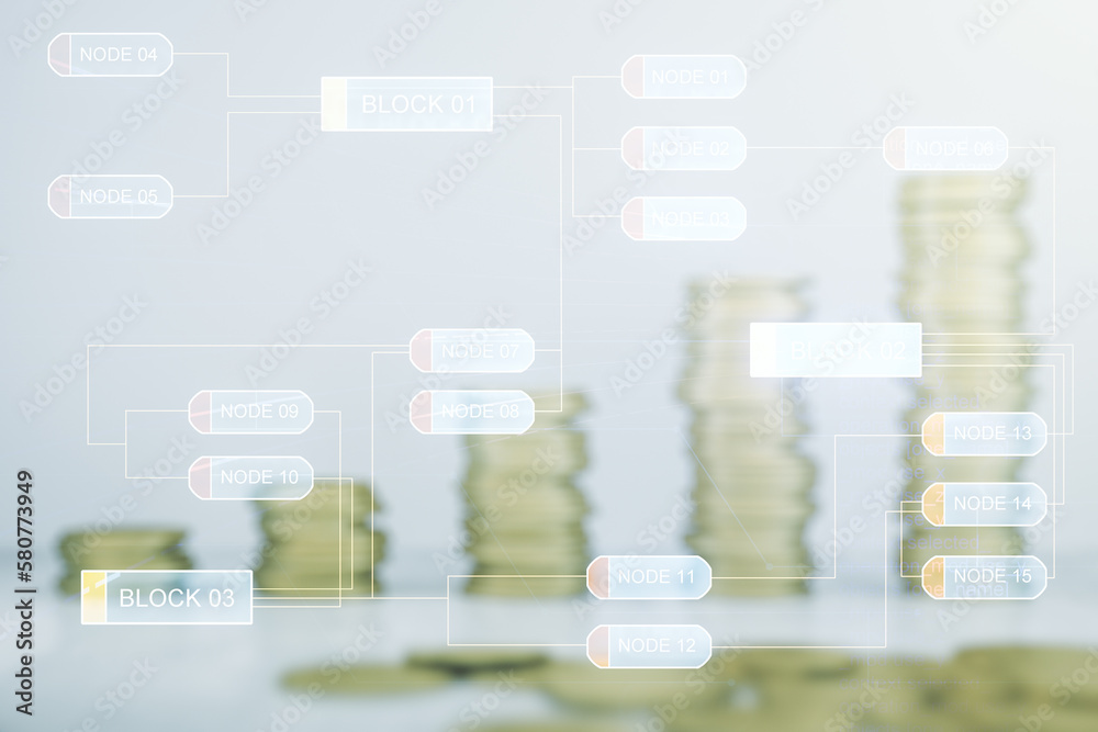 Poster multi exposure of abstract creative coding sketch on stacks of coins background, artificial intellig