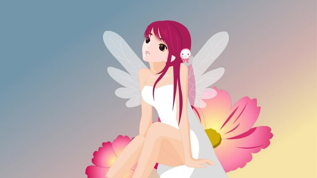 beautiful cartoon fairy girl sitting on flowers, Background and 2d animation, fairy tale