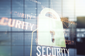 Virtual creative lock illustration with microcircuit on a modern coworking room background, cyber security concept. Multiexposure