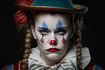portrait of woman sad clown carinval circus concept,generative ai.