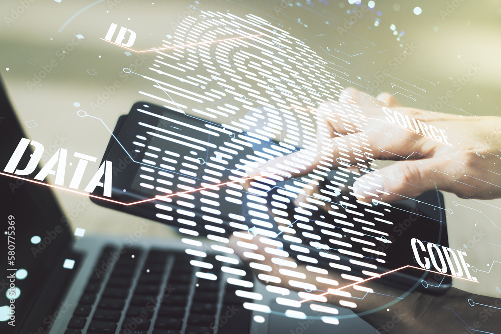 Poster double exposure of abstract creative fingerprint hologram with finger clicks on a digital tablet on 