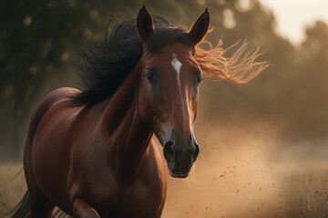 Fototapeta na wymiar Majestic Brown Horse Running through a Meadow. Created with generative technology. 
