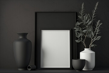 Black mockup poster frame on dark plaster wall with white ceramic vase with branches and geometric pots, landscape orientation, trendy frame mockup background with Generative AI technology