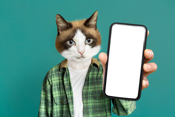 Guy with cat face showing mobile phone with blank screen