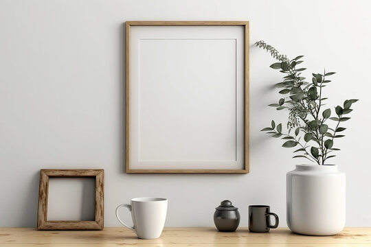 Minimalist living room with flower vase, ceramic pot, cup, mockup and empty wooden picture frame on white wooden wall with Generative AI technology © Amit