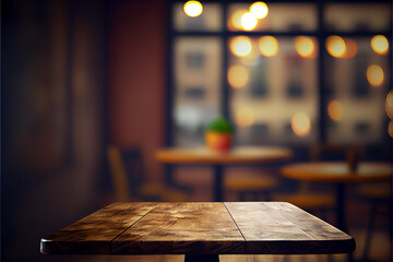 a stable table, countertop or counter in the foreground. Top of a wooden table. In the background is a defocused interior of a store or supermarket. AI generated.