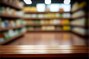 a stable table, countertop or counter in the foreground. Top of a wooden table. In the background is a defocused interior of a store or supermarket. AI generated.