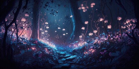 Colorful fantasy forest foliage at night, glowing flowers and beautifully butterflies as magical fairies, bioluminescent fauna as wallpaper background