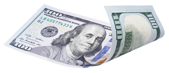One hundred dollar bill isolated on transparent background