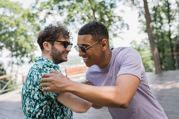 Fototapeta premium Positive multiethnic friends in sunglass meeting in summer park.
