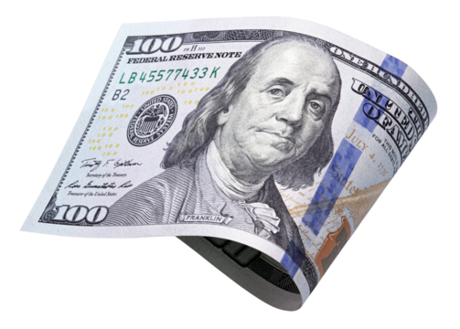 One hundred dollar bill isolated on transparent background