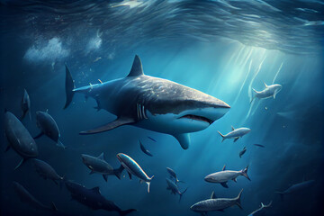 Naklejka premium Great white shark swimming in the blue Pacific Ocean - generative ai
