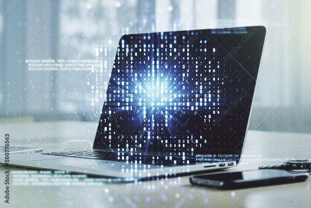 Poster creative concept of code skull illustration on modern laptop background. hacking and phishing concep