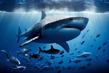 Fototapeta premium Great white shark underwater. dangerous waters - generative ai