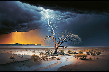 A barren wasteland with a storm brewing on the horizon, Thunder strikes a dead tree Ai Generative