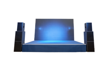 Empty small blue stage for concerts with speakers, isolated on a white background
