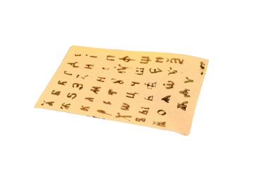 Cyrillic printed by the old method of typography, isolated on a white background. Man's hand holding a sheet with the Russian alphabet.