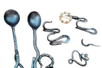 Forged jewelry for the kitchen and home of antique metal, isolated on a white background. Spoons,...