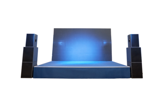 Empty small blue stage for concerts with speakers, isolated on a white background